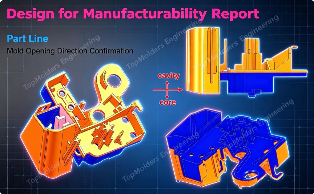 DFM manufacturability report drawing – draft, wall thickness, cost reduction